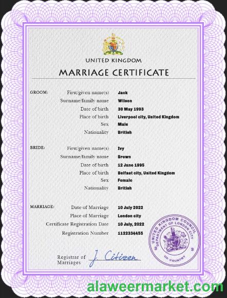 United Kingdom marriage certificate PSD template,